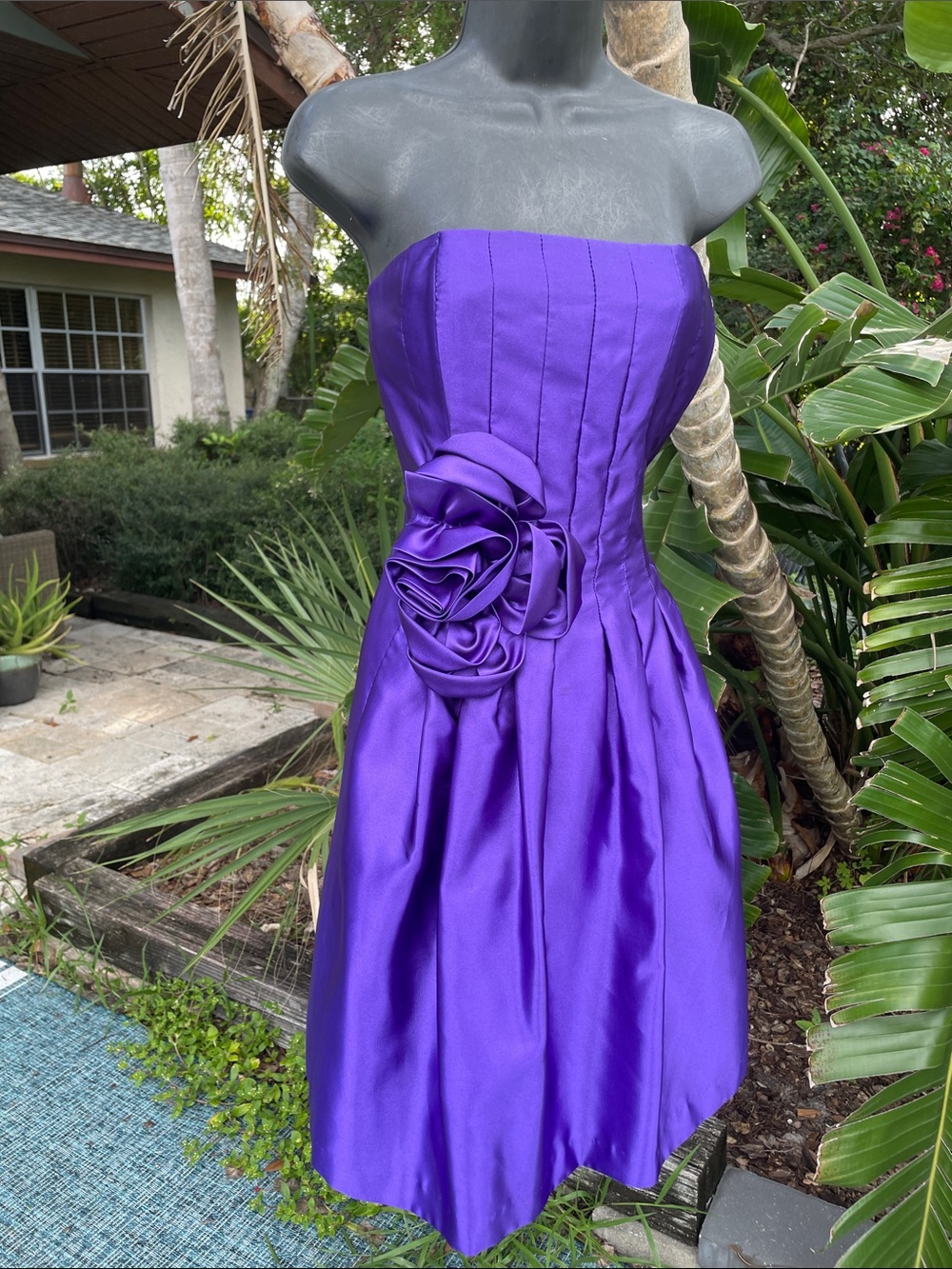 purple strapless corset satin criminal dress